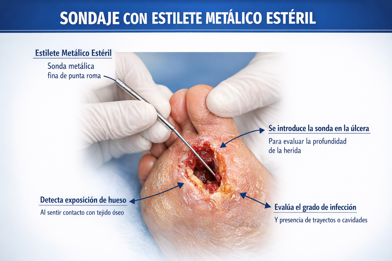 Sondaje con estilete metálico y exploración del pie diabético