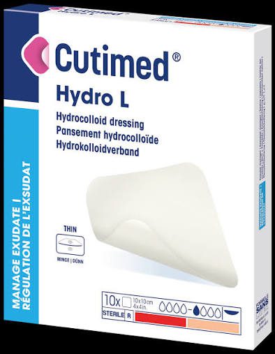 Apósito de hidrocoloide Cutimed Hydro BSN — estructura multicapa con capa exterior semioclusiva y capa interna de CMC para formación de gel